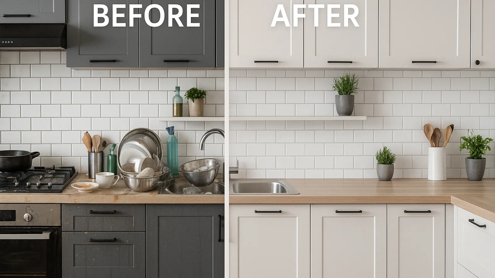 Before & After of a dirty kitchen