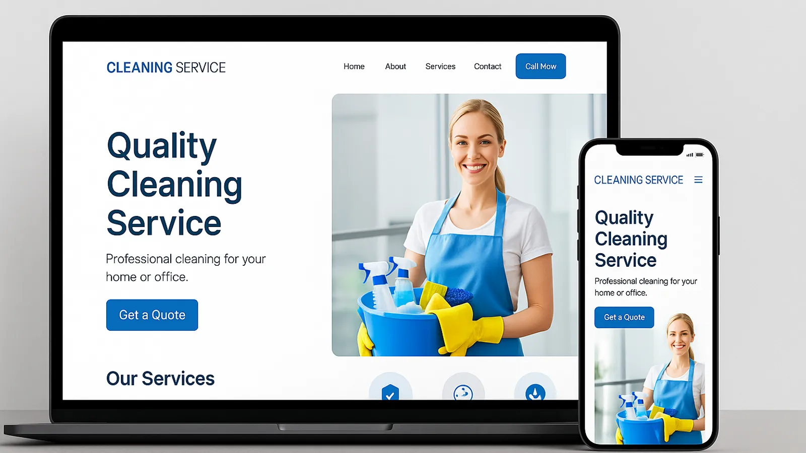 Modern cleaning website design on laptop and mobile