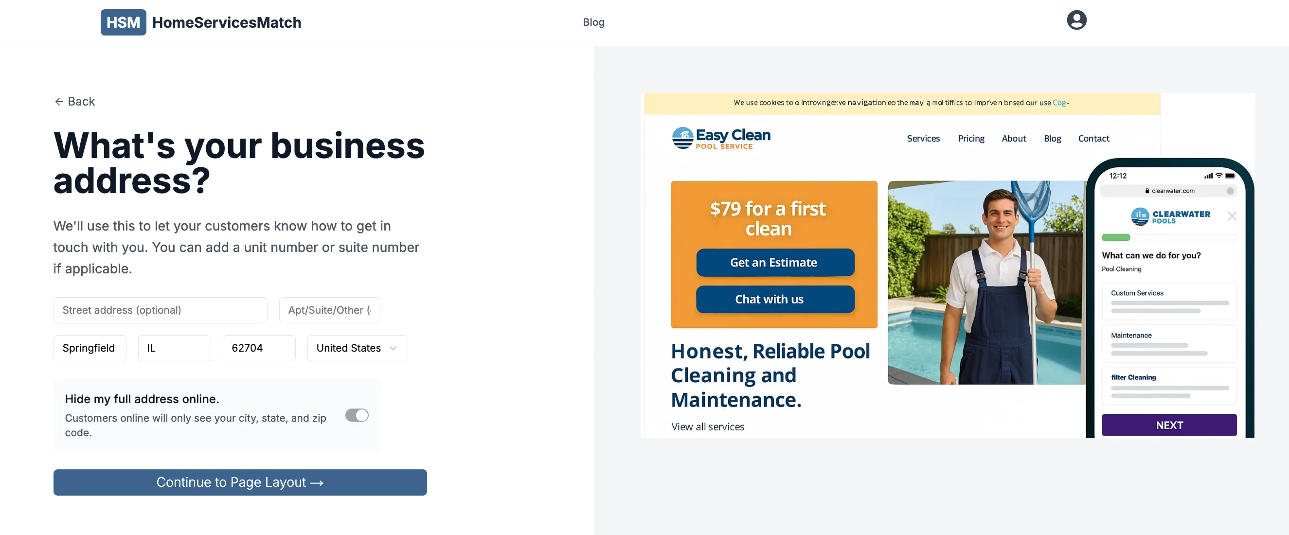 Website builder interface showing a lead generation template