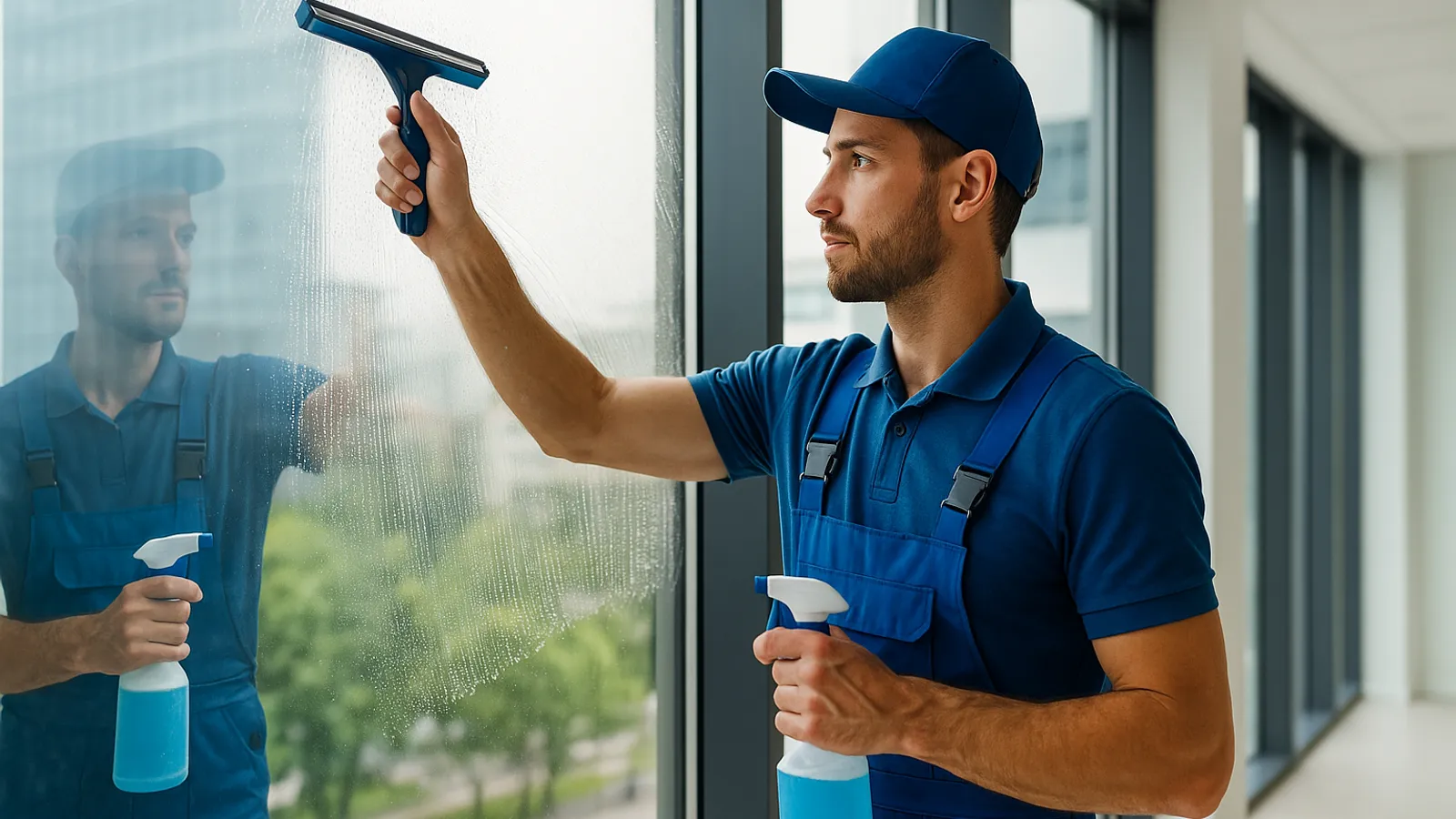 Cleaner wiping down large window